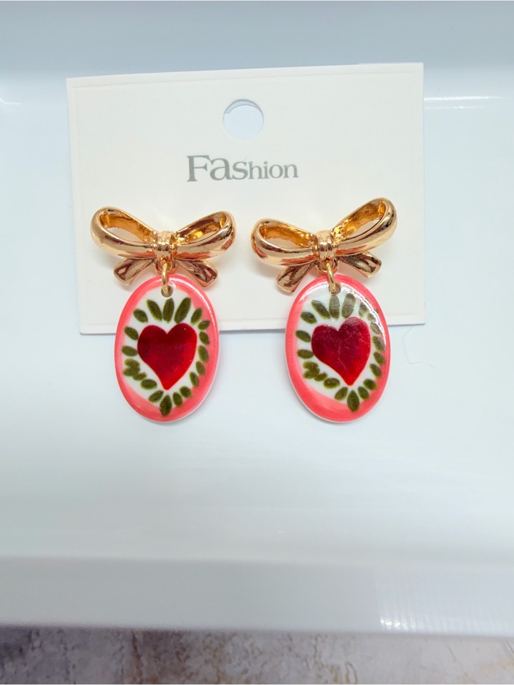 Gold Bow Red Heart Drop Earrings - Pink & Green Accent